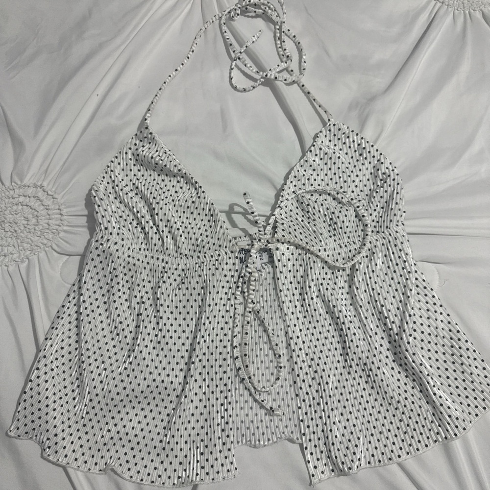 Princess Polly Black and White Polka  Open Front tie Top